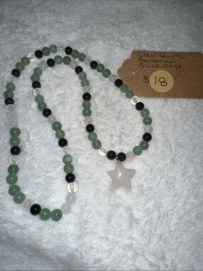 White Quartz Star Necklace(Black Obsidian, Quartz and Green Aventurine)